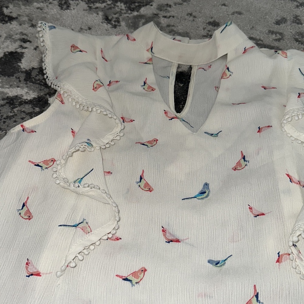 White Ruffled Top with Bird Print - Picture 2 of 10